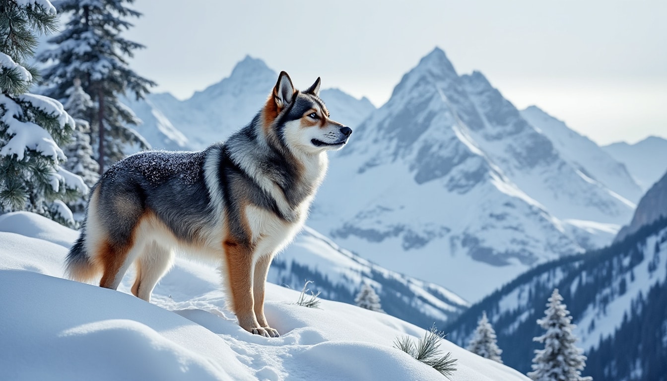 Chien à la montagne en hiver : neige et froid